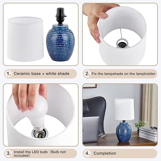 Table Lamps Set of 2-13.75" Small Bedside Lamps - Classic Farmhouse Ceramic Table Lamp for Bedroom, Living Room, Nightstand, Office, Side Desk Lamp, End Table