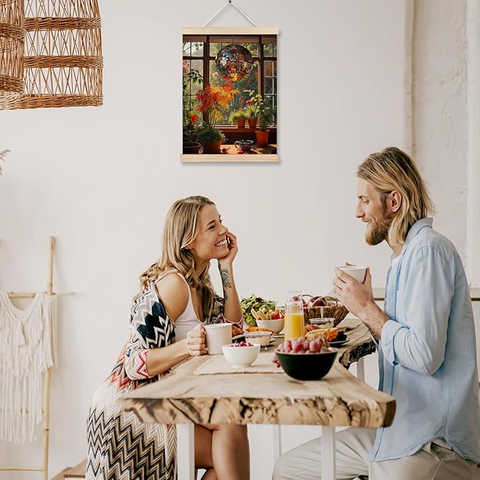 Vintage 1970s Funky Disco Ball Wall Art, 70s Home Room Decor, Retro Houseplants Warm Aesthetic Canvas Wall Art Poster Hanger Frame for Home Bedroom Living Room Bathroom Conservatory, 12x16 Inch