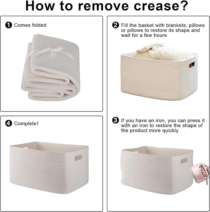 OIAHOMY XXLarge Rectangle Blanket Basket-96L, Cotton Woven Basket for Storage, Dirty Clothes Basket for Living Room, Nursery, Bedroom, Toy Organizing with Handle, 24" x 16" x 15", White