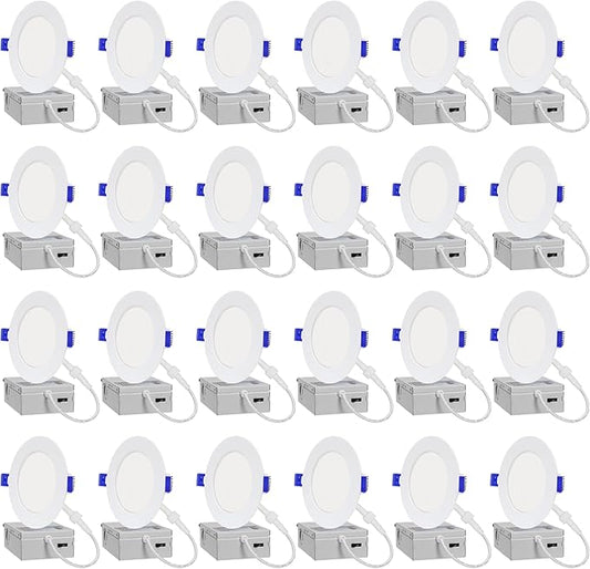 24-Pack of 4-Inch Slim LED Recessed Lights with Junction Box, Adjustable Color Temperatures (2700K-5000K), 9W Equivalent to 75W, Dimmable, 950LM Brightness - ETL and Energy Star Certified