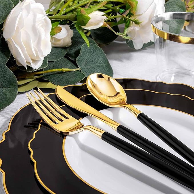 WDF 30Guest Black and Gold Plastic Plates - New Year Plates - Gold Plastic Silverware With Black Handle Baroque Black and Gold Disposable Dinnerware for Halloween & New Year &Parties