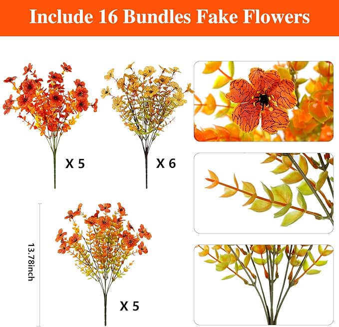 16 Bundles Artificial Fall Flowers for Outdoors, Realistic Fake Silk Flowers with Eucalyptus, No Fade Faux Fall Plants for Planter, Patio, Front Porch & Garden Decor