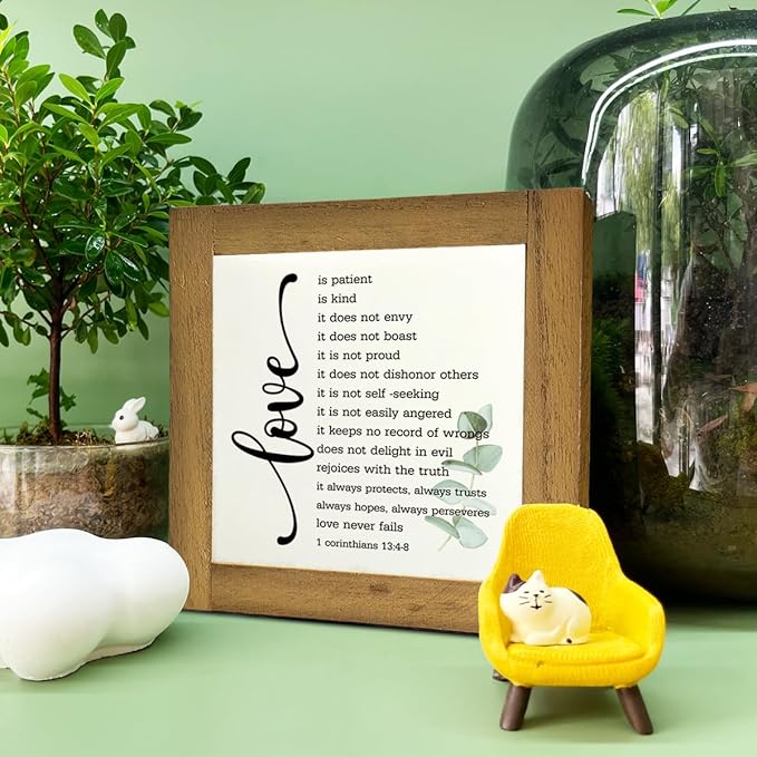 Bible Verse Corinthians 13:4-8 Box Sign, Love Never Fails, Wooden Plaque Gift Tabletop, Rustic Love Sign, Wood Block Plaque for Anniversary, Religious Home Decor, Gift for Couple, Wedding Gift A1