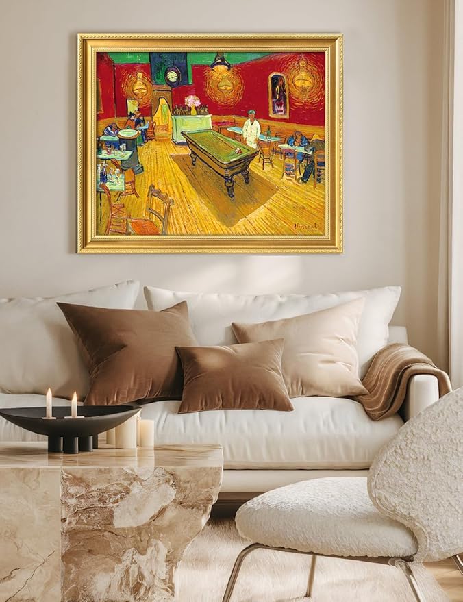DECORARTS - Vincent van Gogh's The Night Cafe in Arles, Museum-Quality Giclee Canvas Print in Gold Solid Wood Frame, 34.75 x 28.75 in, Ready to Hang, Made in USA