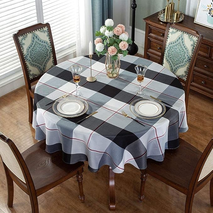 SASTYBALE Round Tablecloth Checkered Style Polyester Table Cloth Dust-Proof Wrinkle Resistant Heavy Weight Table Cover for Kitchen Dinning Tabletop Decoration (Round,60" (4-5 Seats), Grey)