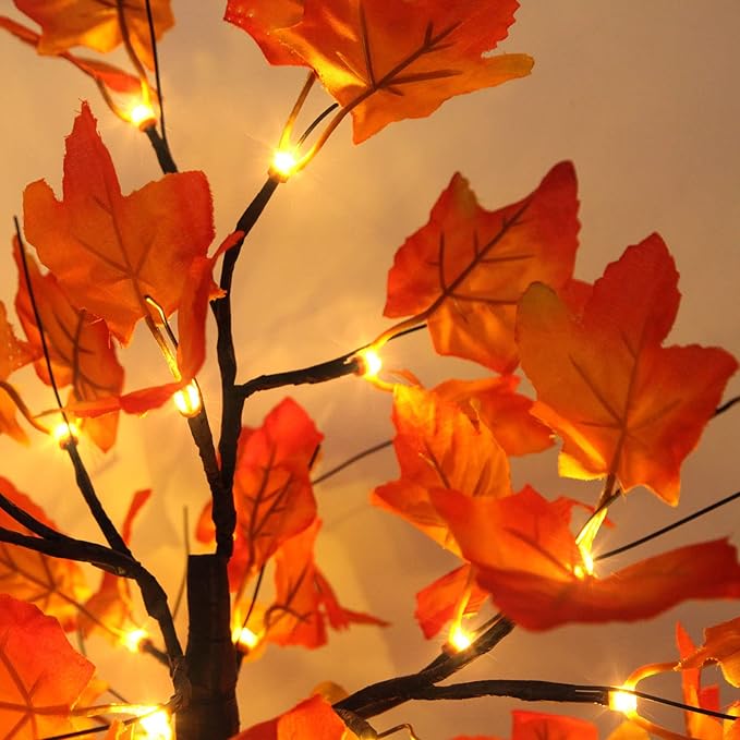 2 Pack Fall Lighted Maple Tree 48 LED Lights Thanksgiving Decoration Artificial Tree Lights 20 inch Battery or USB Powered DIY Table Light for Desktop Autumn Harvest Party Indoor Decor