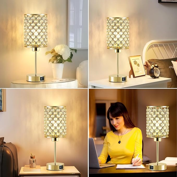 Crystal Table Lamp, Gold Touch Lamp for Nightstand with USB C+A Ports, 3 Way Dimmable Lamp with Crystal Shade, Bedside Lamp Small Lamp for Bedroom, Living Room(Buld Included)