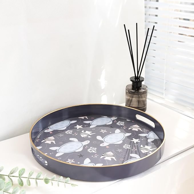 Spsyrine Decorative Serving Tray with Handles, Lacquered Coffee Table Tray for Ottoman, Round Waterproof Platters for Centerpieces, Parties, Living Room, Kitchen Counter Organization Turtle