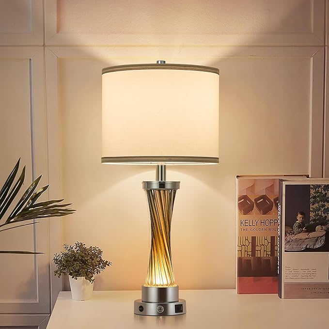 3-Way Dimmable Table Lamp Set of 2,Touch Control Lamp with Night Light,Modern Crystal Table Lamps for Bedroom,Living Room，Bedside Lamps with USB A+C Ports，Fabric Lampshade(Blubs Included)