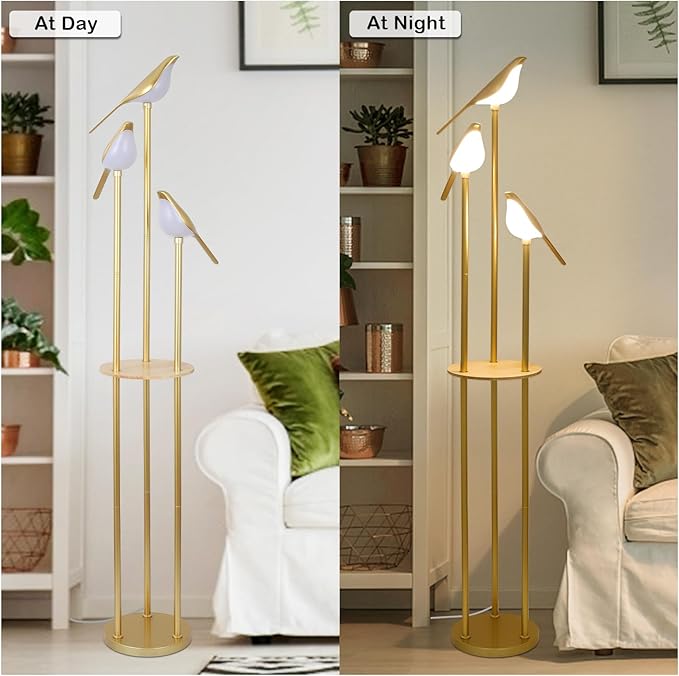 Gold Floor Lamps for Living Room, Modern Floor Lamp with Shelves, Mid Century Standing Lamp with 3 Adjustable LED Bird Lights, Corner Tall Lamp with Table, Brass Stand up Lamp for Bedroom Kids Room