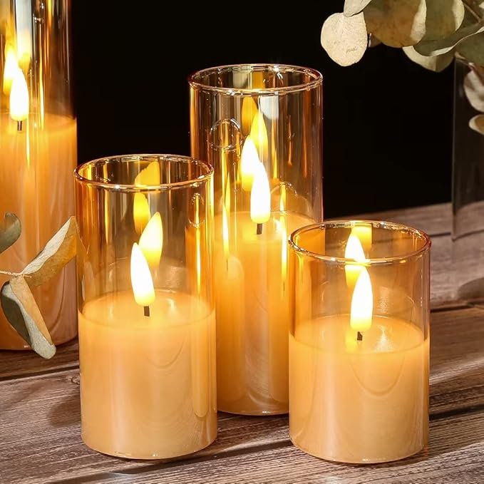 Eywamage 5 Pack Gold Glass Flameless Candles with Remote, Flickering Slim Tall LED Pillar Votive Candles Battery Included