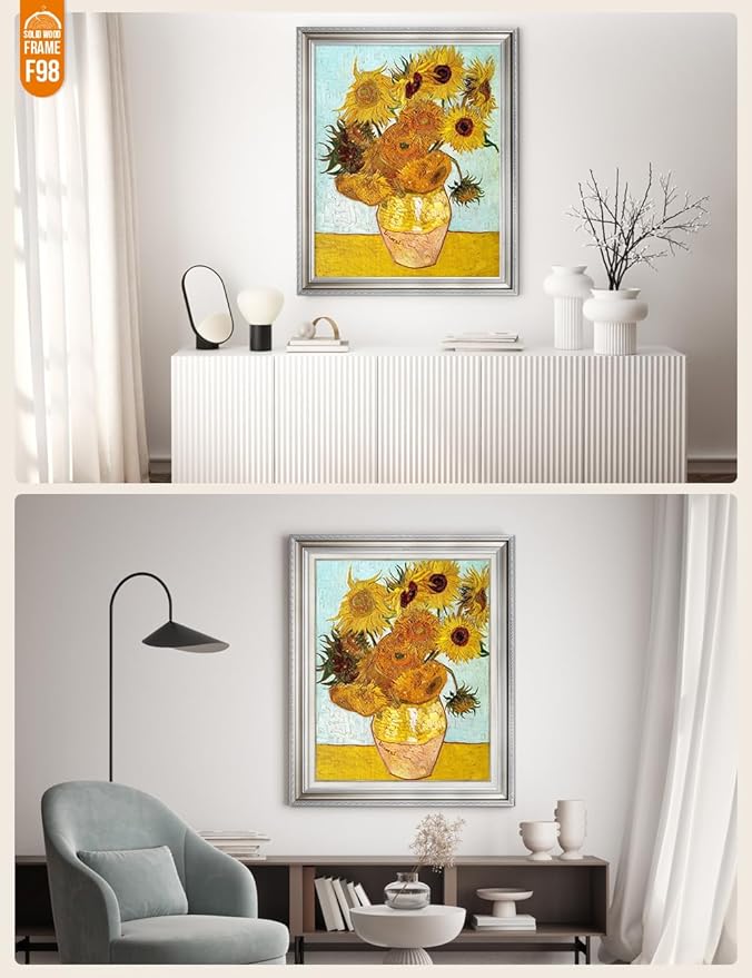 DECORARTS - Twelve Sunflowers, Vincent Van Gogh Art Reproduction. Acid Free Cotton Canvas Giclee Print w/Bronze Frame&Mat for Wall Decor.