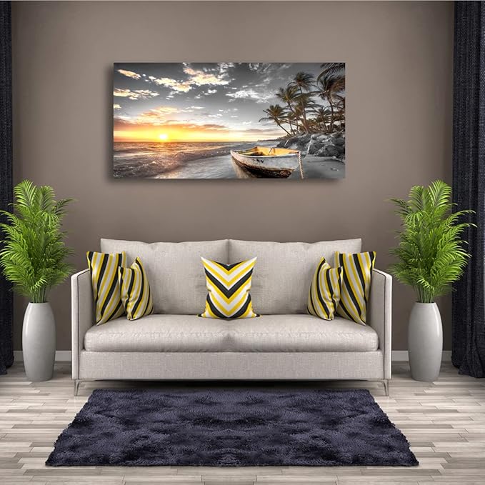 Beach Wall Art Canvas Prints Art Black and White Sunset Seascape Pictures Bedroom Decor Boat Tree Ocean Landscape Painting for Living Room Office Decoration Natural Scenery Artwork 20x40inches