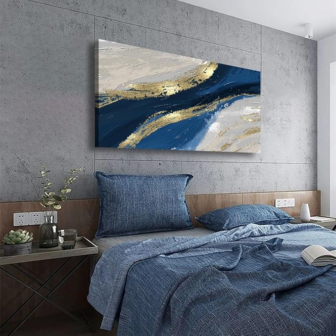 Golden Abstract Wall Art Bedroom Wall Decor Living Room,Blue Canvas Wall Art Office Farmhouse Paintings Artwork Modern Blue White Boho Wall Art Prints Pictures 20 * 40inch