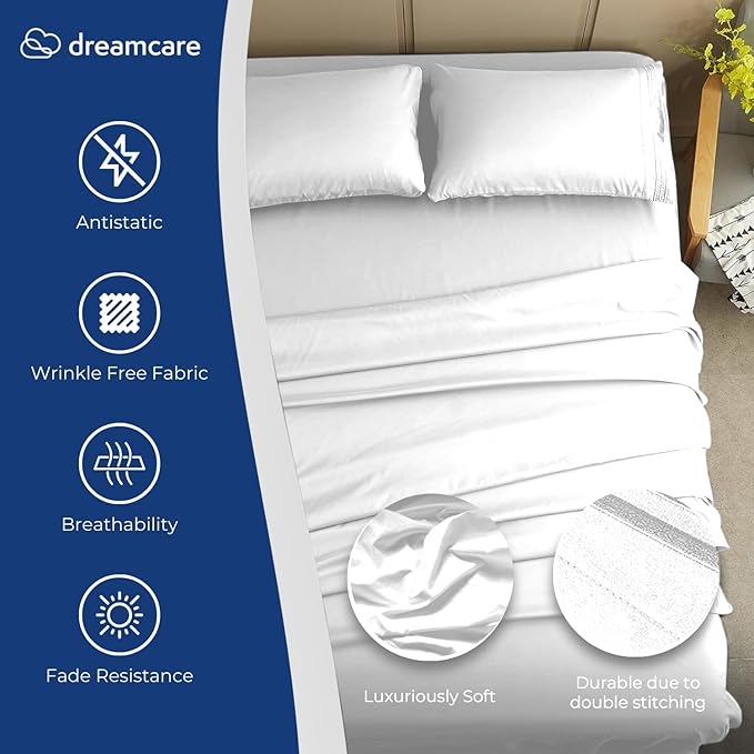 DREAMCARE Twin XL Sheet Set - Cooling Bed Sheets - 4pc Set - Up to 15" Deep Pocket Sheets - Soft & Long Lasting 100% Fine Brushed Polyester with Side Pocket - White
