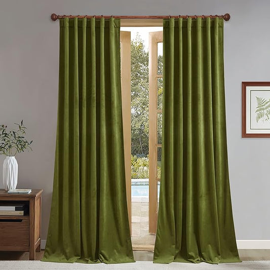 StangH Olive Green Curtains Velvet 96 inches for Living Room, Luxury Light Blocking Privacy Protect Velour Drapes for Nursery Bedroom/Bathroom, W52 x L96, 2 Panels