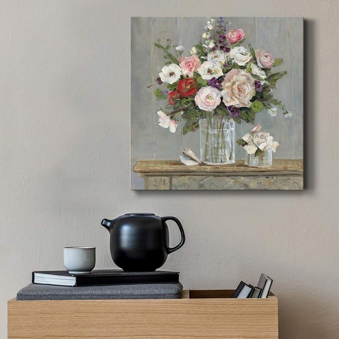 Wexford Home Square Premium Gallery Wrapped Canvas Flower Multicolor Wall Art Abstract Floral Romance Modern Pictures Print for Home Office, Ready to Hang, cottage collection, 16x16