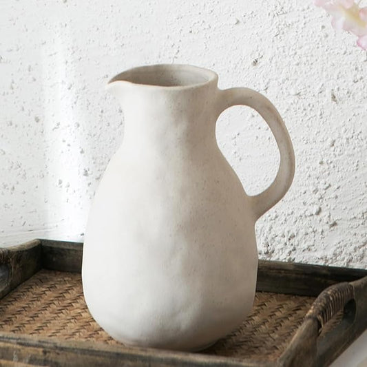 Kimdio Ceramic Vase with Handle, Modern Farmhouse Pitcher Vase for Home Decor, Rustic Pottery Vase, Decorative Flower Vase, Clay Vase, Centerpieces for Living Room
