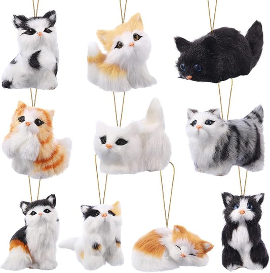 Skylety 10 Pieces Forest Animals Ornaments Woodland Animal Faux Fur Plush Hanging Ornaments Family Educational Playset for Fall, Christmas, Winter Birthday Party Supplies(Cats)