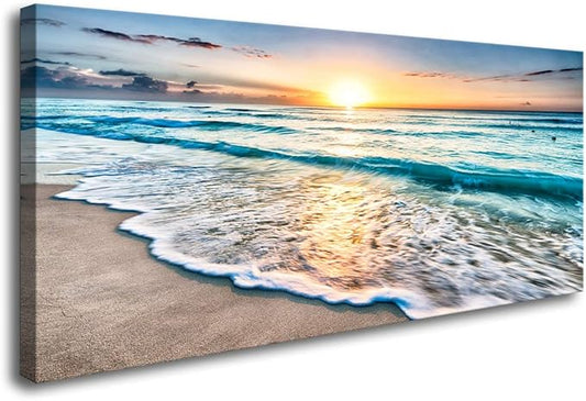 Baisuart S02250 Canvas Prints Wall Art Beach Sunset Ocean Waves Nature Pictures Stretched Canvas Wooden Framed for living Room Bedroom and Office
