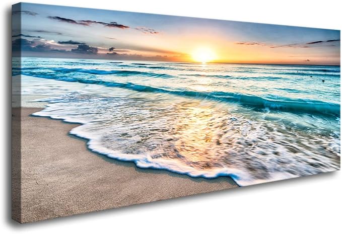 Baisuart S02262 Canvas Prints Wall Art Beach Sunset Ocean Waves Nature Pictures Stretched Canvas Wooden Framed for living Room Bedroom and Office