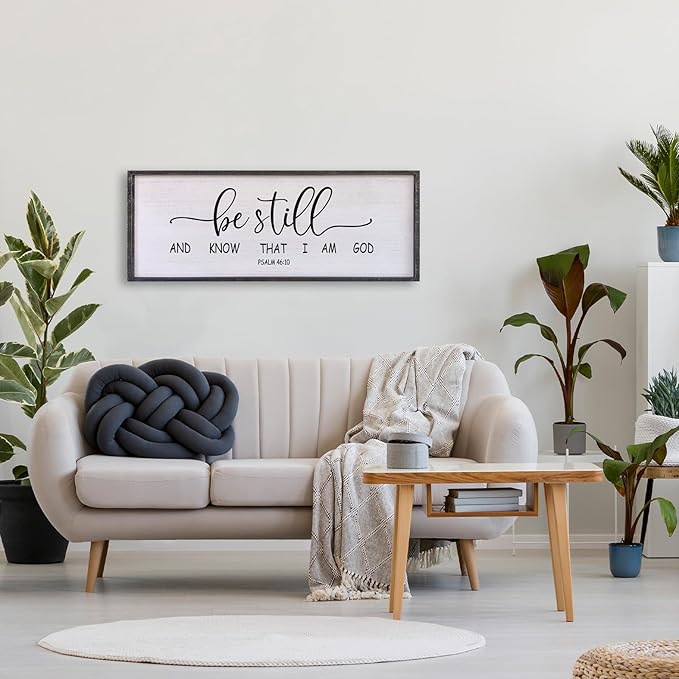 Surfapans Be Still and Know that I am God Wall Decor 40"x15" Large Farmhouse Family Living Room Vintage Religious Bible Verses Entryway Sign Wood Framed Scripture Hallway Hanging Wall Art (Black)