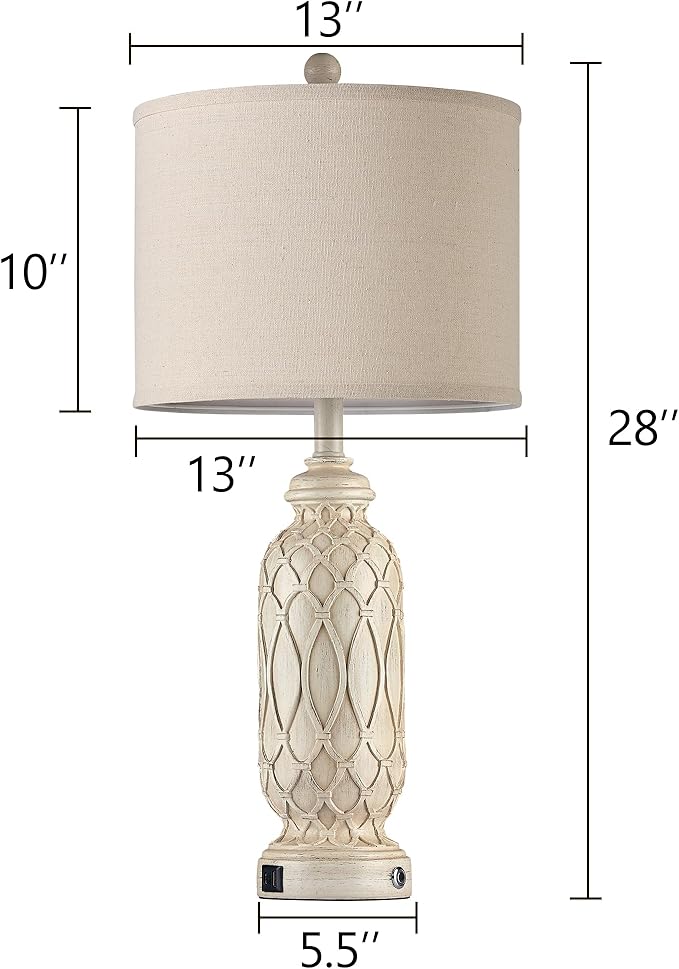 28" Table Lamps for Living Room Set of 2, Farmhouse Lamps for Bedroom with USB Ports, 3-Way Dimmable Nightstand Table Lamp (Bulbs Included)