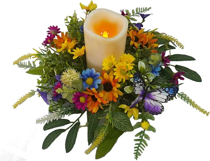 Spring Summer Candle Rings,Floral Candle Rings Wreaths 6 Inch,Daisy and Sunflowers,Mixed Flowers with 2pcs Plastic Candles,Perfect for Spring Decor,Centerpieces for Tables,Indoor Outdoor Home Decor