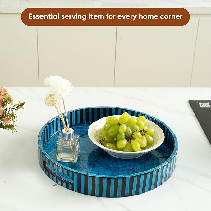 CLAYNIX Serving Tray 12.5 Inch, Lacquer Mother of Pearl Inlay Mosaic Tray, Round Wooden Marble Tray with Handles Trays for Tea, Breakfast (Dark Blue)