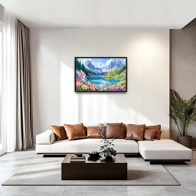 Extra Large Framed Mountain Lake Wall Art,Colorful Wild Flower Wall Decor,Mountain Forest Landscape Pictures for Living Room,Canvas Print Painting Modern Artwork Bedroom Office Bathroom 36L x24W