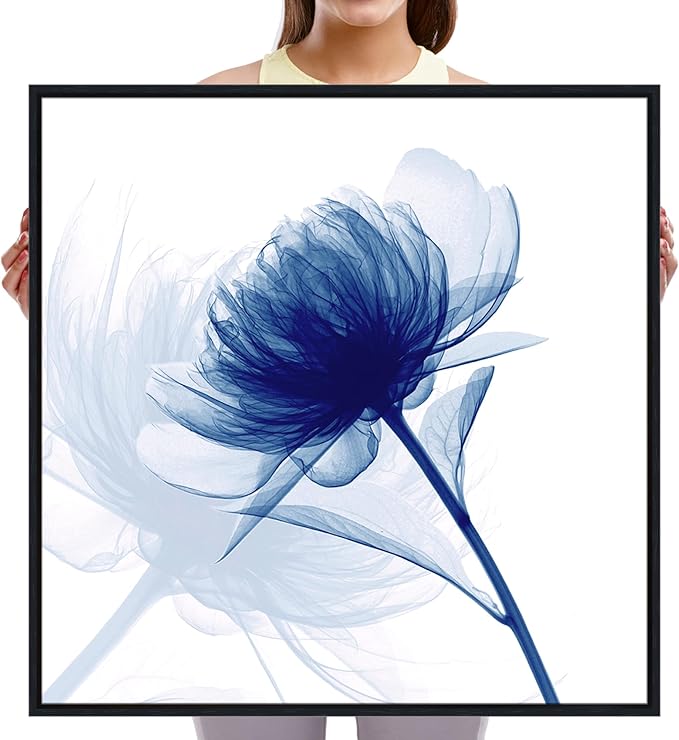 Pyradecor Large Black Framed Wall Art Blue Flickering Flower Grace Floral Pictures on Canvas Prints One Panel Artwork for Bedroom Office Home Decorations