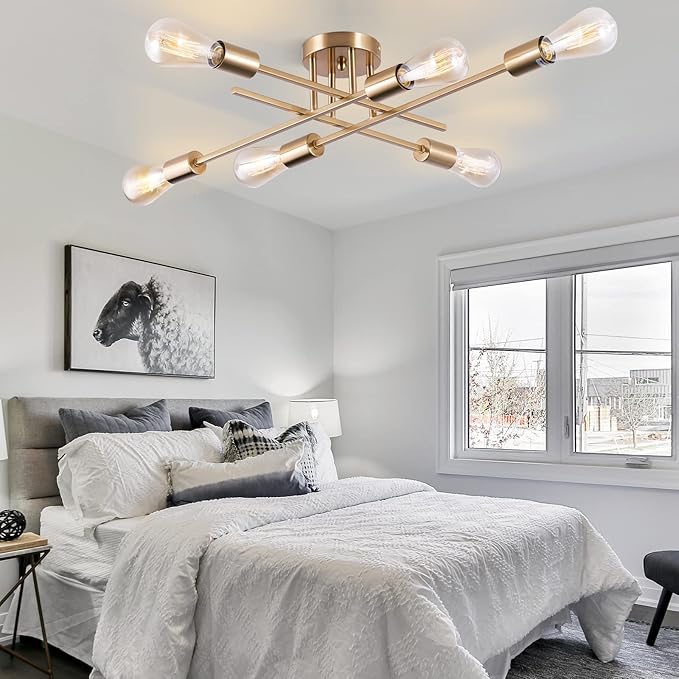 Sputnik Chandeliers, Modern Semi Flush Mount Ceiling Light with E26 Base, Mid Century Industrial Kitchen Farmhouse Light Fixtures for Bedroom Living Room (Brass, Ceiling 6 Lights (Lengthen))