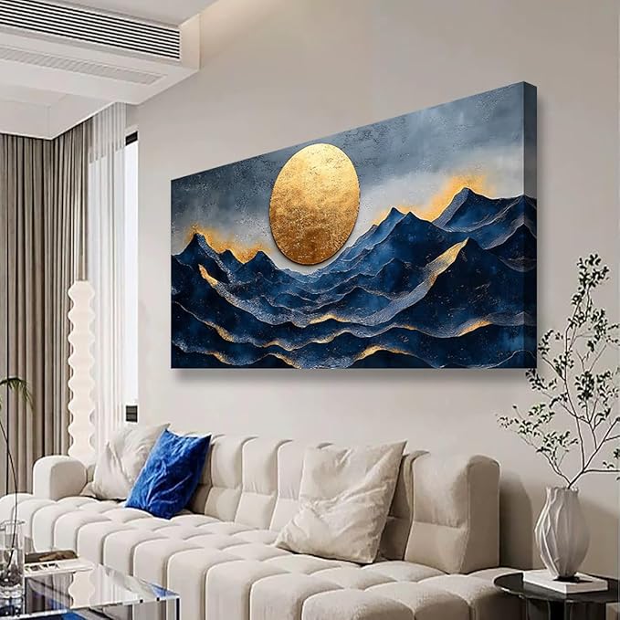 Golden Moon Pictures Canvas Wall Art for Living room Office Bedroom Wall Decor, Landscape Wall Art Print Paintings Modern Golden Blue Scenery Artwork Waterproof Ready to Hang-20x40inch