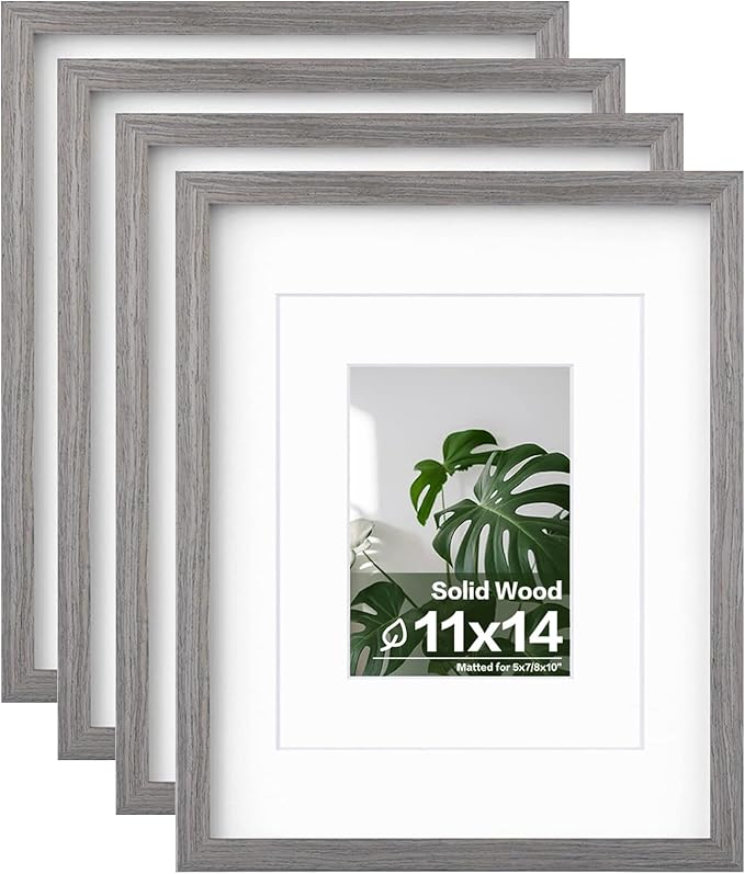 Egofine 11x14 Picture Frames Set of 4, Made of Solid Wood Covered by Plexiglass 5x7 and 8x10 with Mat or 11x14 without Mat, for Table Top Display and Wall Mounting Photo Frame Light Grey