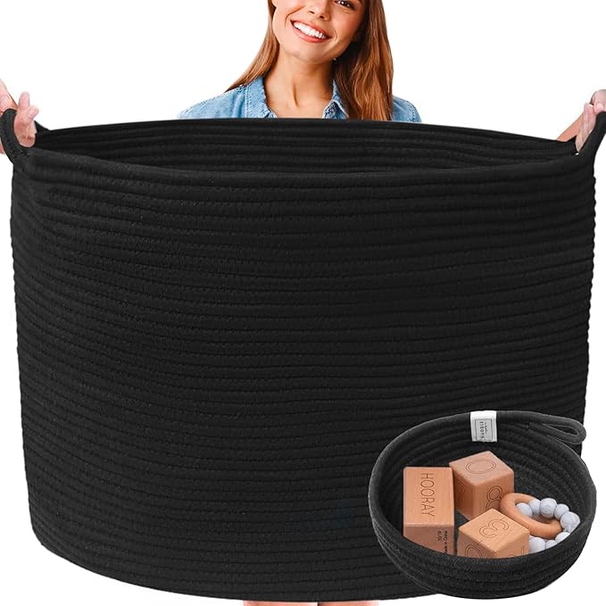 XXXXL WASHABLE Large Black Basket Blanket Basket Living Room 2PCs Toy Baskets Storage Kids Woven Rope XXX Extra Large Basket for Blankets,Pillows,Throws,Laundry + Small Basket | BIG Basket Blanket
