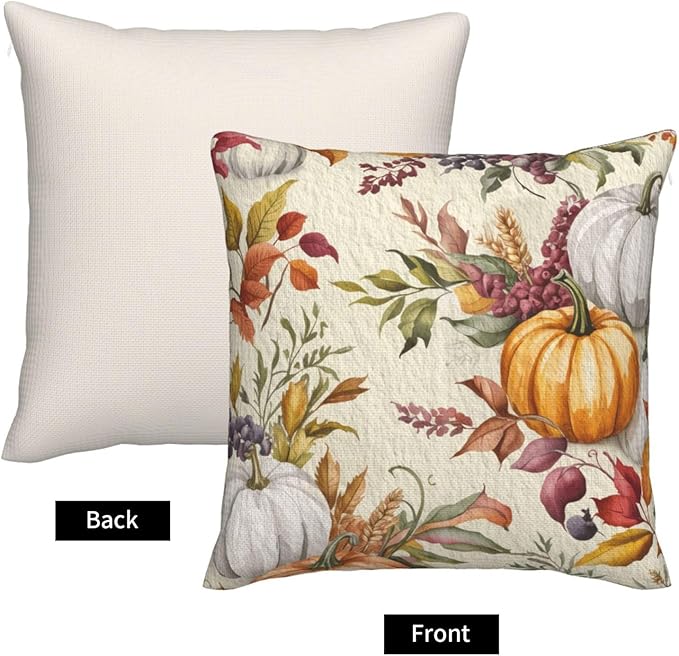 Fall Pumpkin Pillow Covers 18x18 inch Set of 2, Linen Autumn Outdoor Thanksgiving Harvest Leaves Rustic Farmhouse Decorations for Sofa Couch