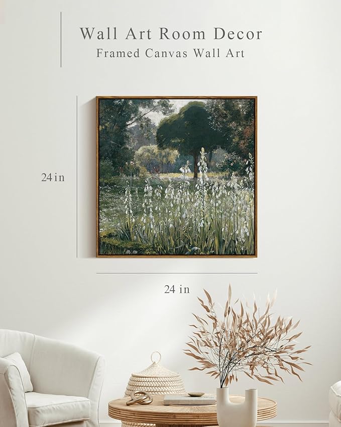 InSimSea Square Framed Canvas Wall Art, Classical Scenery Prints Landscape Floral Flowers Oil Paintings, Vast Meadow Home Wall Decor for Living Room, Bedroom, Bathroom, Office 24"x24"