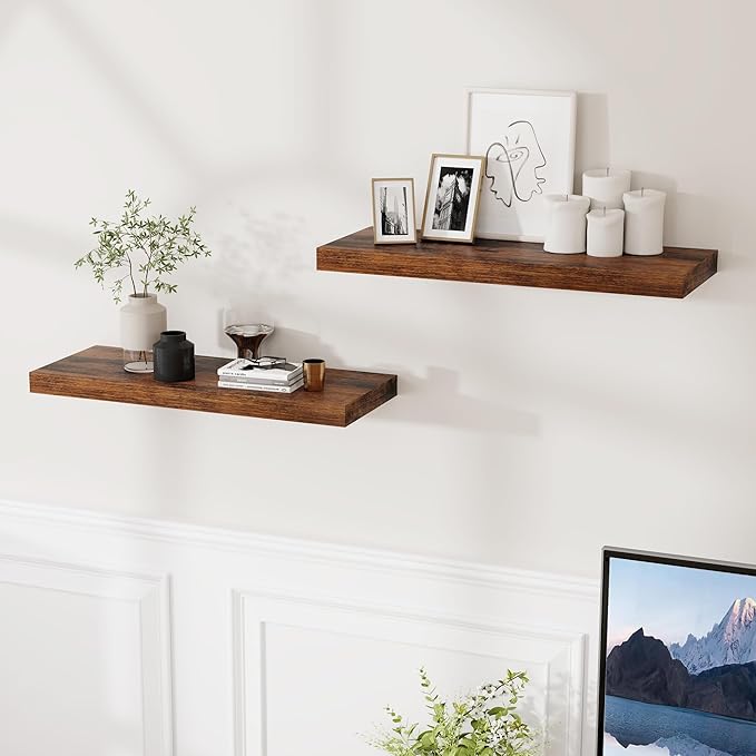 24 Inch Floating Shelves for Wall, 9.3 Deep Wall Shelves for Home Decor & Storage, 24x9.3x1.5 Large Wooden Shelf with Heavy-Duty Bracket, Deep Shelf for Kitchen, Living Room, Rustic Brown Color