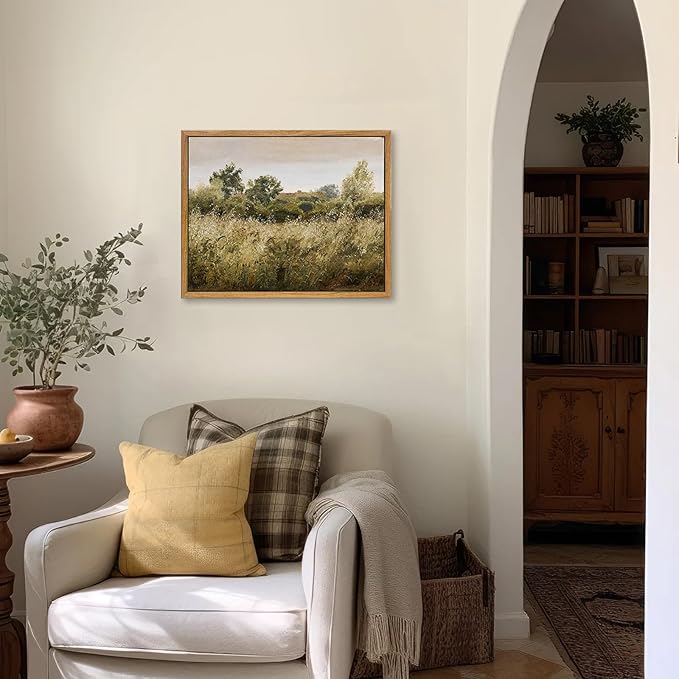 KBKBART Framed Canvas Wall Art, Vintage Meadow Landscape Wall Art Prints, Retro Country Wildflower Field Farmhouse Wall Decor Ready To Hang for Bedroom, Bathroom, Living Room, Kitchen, Vintage Room