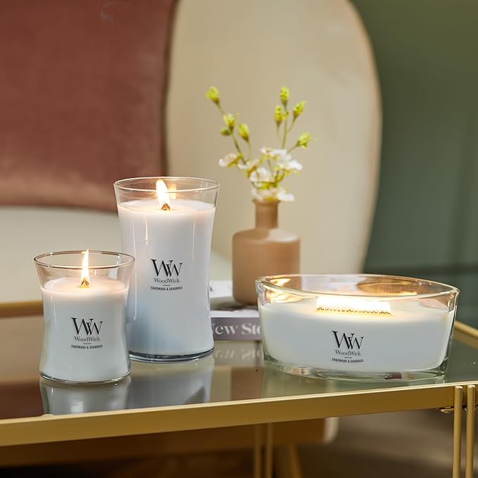 WoodWick Large Hourglass Candle Sagewood/Seagrass - Premium Soy Blend Wax Pluswick Innovation Wood Wick Made in USA