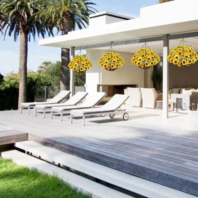 Artificial Hanging Flowers Basket, Fake Plants, Faux Silk Sunflower, for Spring Summer Outdoor Decoration, UV Resistant, Coconut Planter, Look Real for Patio Garden Yard Decor