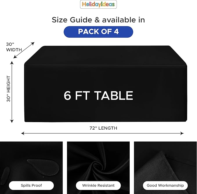 HolidayIdeas Fitted Black Tablecloths for 6 Foot Rectangle Table, Wrinkle Resistant Washable Table Cover 72x30 Inch for Vendor Booth Display, Banquet, Trade Show, 4 Pcs