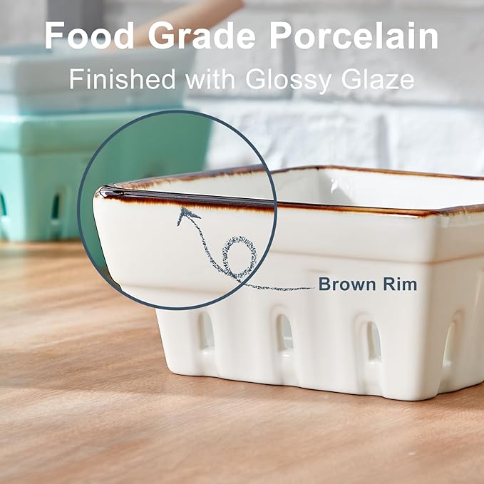 ONEMORE Ceramic Berry Basket Square Fruit Bowls with Holes Berry Bowl Colander Fruit Basket for Kitchen Décor - 5.8" Berry Containers for Fridge, Set of 2, Cream White