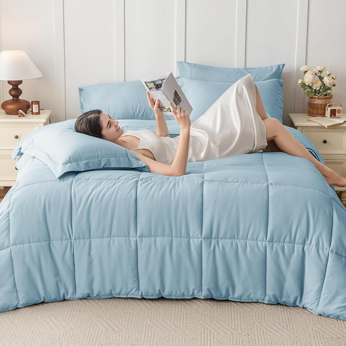 JOLLYVOGUE King Comforter Set, Ultra-Soft Bed in a Bag King Size 7 Pieces, Oeko-TEX Certified Bedding Set with Down Alternative Comforter, Sheets, Pillowcases & Shams, Lake Blue