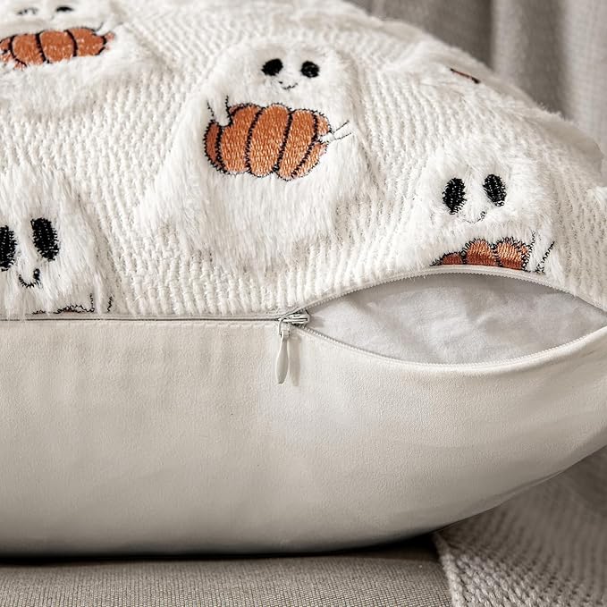 MIULEE Halloween Pillow Covers Decorative Fall Cute Ghost Plush Faux Fur Pillows 18x18 Inch Set of 2 Soft Pumpkin Accents for Sofa Couch Bed Living Room Festive Home Decor, White Rust