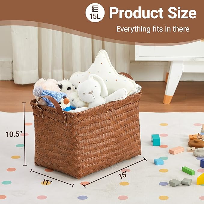 15L Laundry Baskets Waterproof Storage Baskets For Shelves Large Laundry Hamper With Leather Handle -set of 4 Cube Organizers Woven Bins for Bathroom,Bedroom,Pantry,Clothes,Car & Towels-Brown