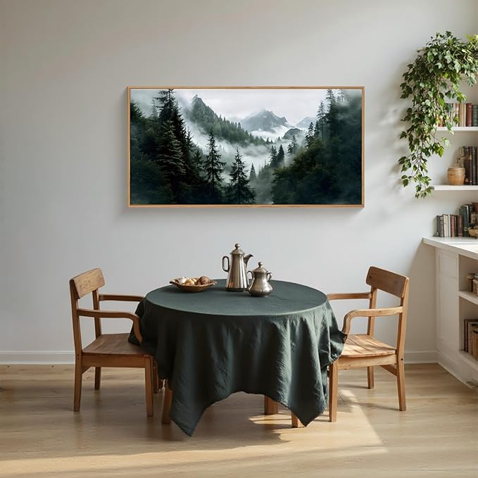 HOURIA Boho Forest Mountain Framed Canvas Wall Art Set,Nature Foggy Woodland Ridge Wall Decor,Misty Pine Tree Artwork,Sage Green Botanical Art Prints for Living Room, Bedroom, Farmhouse- 20"×40"×1