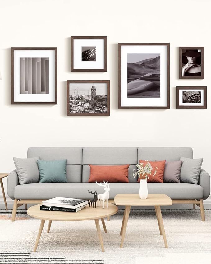 Egofine 6x8 Picture Frames Set of 4, Made of Solid Wood Covered by Plexiglass 4x6 and 5x7 with Mat or 6x8 without Mat, for Table Top Display and Wall Mounting Photo Frame Brown