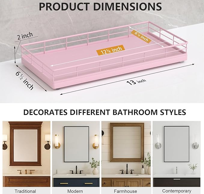 Toilet Tank Tray Organizer – Oak Wood Bathroom Counter Basket with Metal Frame, Back of Toilet or Tank Top Paper Holder Storage – Pink Modern Decor