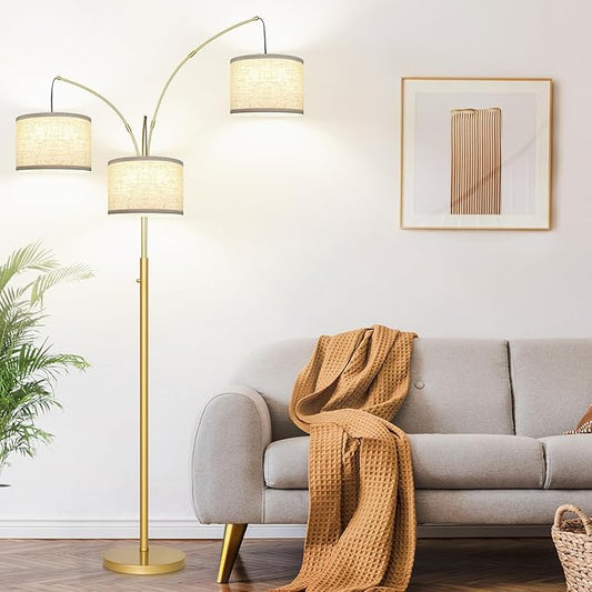 Nintiue Dimmable Floor Lamp - 3 Lights Gold Arc Floor Lamps for Living Room, 1000LM Modern Tall Standing Lamp with White Shades, Mid Century Tree Floor Lamp for Bedroom Office, 3 LED Bulbs Included